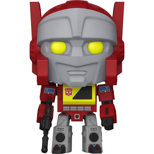 Funko Pop! vinyl figure of Transformers: Generation 1 Blaster, with red, gray, and yellow colors, standing in a robotic pose with a accessory weapon.